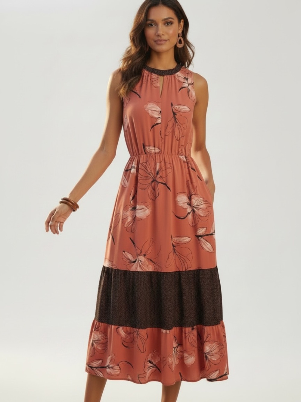 Apt. 9 Rust Coral Black Floral Sleeveless Midi Dress Size XXL
